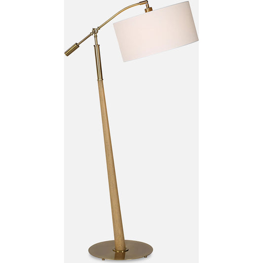Kennett Floor Lamp by Uttermost in brass. Made from iron, rubber wood, fabric in a transitional style.