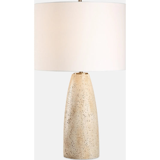 Maury Travertine Table Lamp by Uttermost in brass. Made from clay composite, fabric, steel in a transitional style.