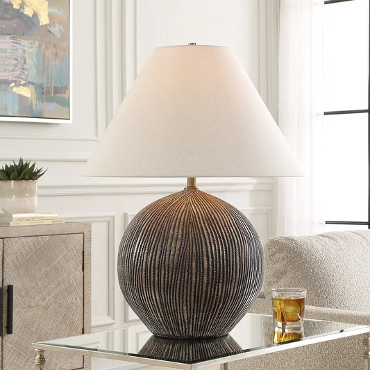 Sayre Table Lamp by Uttermost in dark brown, black. Made from porcelain, fabric, steel in a modern style.
