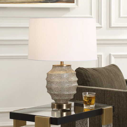 Acosta Ribbed Table Lamp by Uttermost in dark bronze. Made from metal, glass, linen in a modern style.