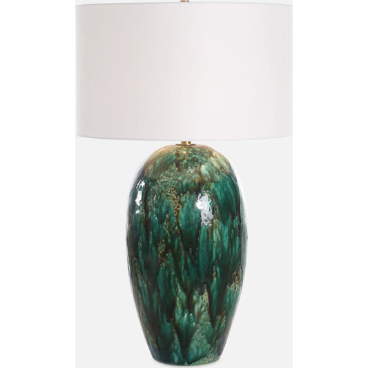 Ceralene Table Lamp by Uttermost in brass. Made from ceramic, iron, fabric in a eclectic & global style.