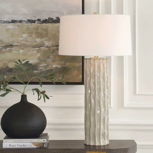 Parilli Table Lamp by Uttermost in taupe gray, nickel. Made from steel, ceramic, fabric in a modern style.