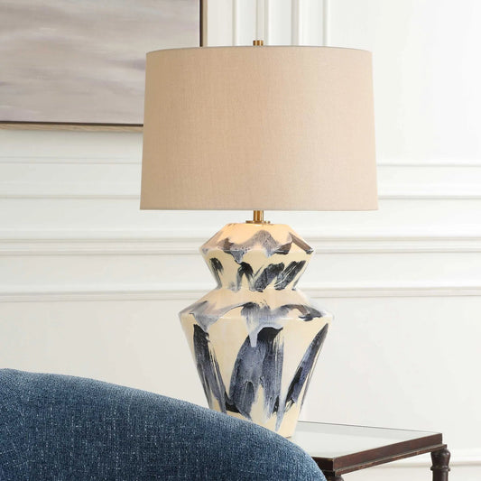 Oranda Abstract Geometric Table Lamp by Uttermost in blue, cream. Made from ceramic, metal, fabric in a modern style.