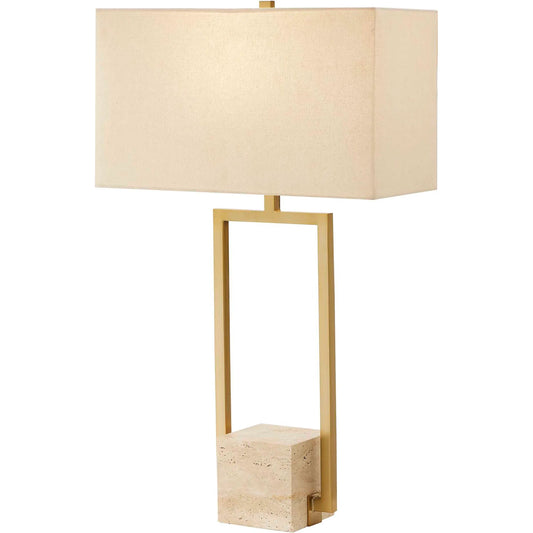 Warrick Table Lamp by Uttermost in brass. Made from steel, travertine, fabric in a transitional style.