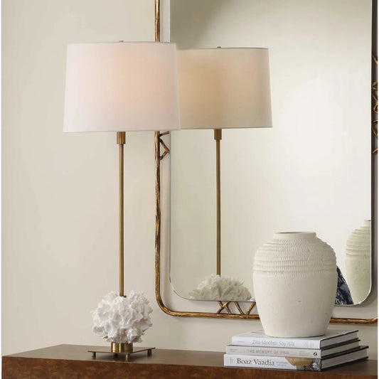 Caronia Coral Buffet Lamp by Uttermost in ivory, brass. Made from resin, iron, white linen in a coastal style.