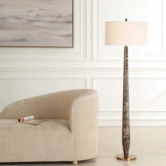 Tyree Floor Lamp by Uttermost in brass. Made from steel, emperador, linen in a modern style.