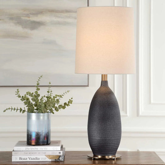 Bower Table Lamp by Uttermost in matte black. Made from steel, ceramic, linen in a modern style.