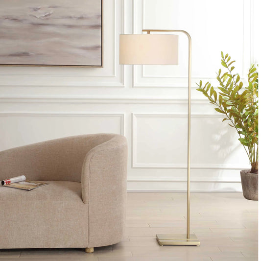 Laight Antique Floor Lamp by Uttermost in brass. Made from steel, fabric in a transitional style.