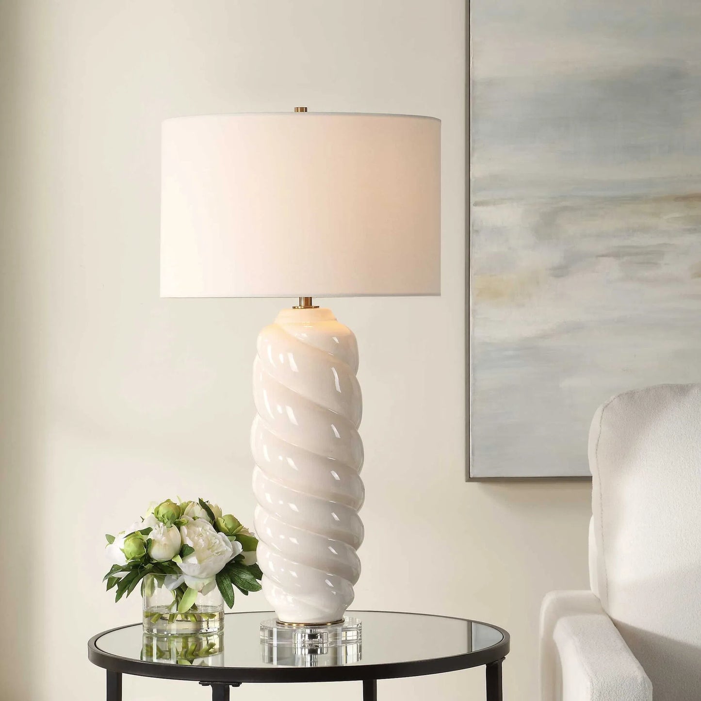 004 SI-2386705 | Lifestyle | Anneli Swirl Table Lamp by Uttermost in ivory, brass. Made from ceramic, crystal, iron, fabric in a modern style.