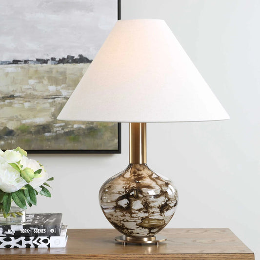 Montagu Table Lamp by Uttermost in bronze, brown, white and dark. Made from glass, metal, fabric in a unique style.