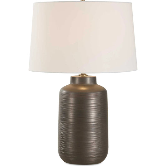 Calderone Table Lamp by Uttermost in black, bronze, brown. Made from porcelain, fabric, steel in a modern style.