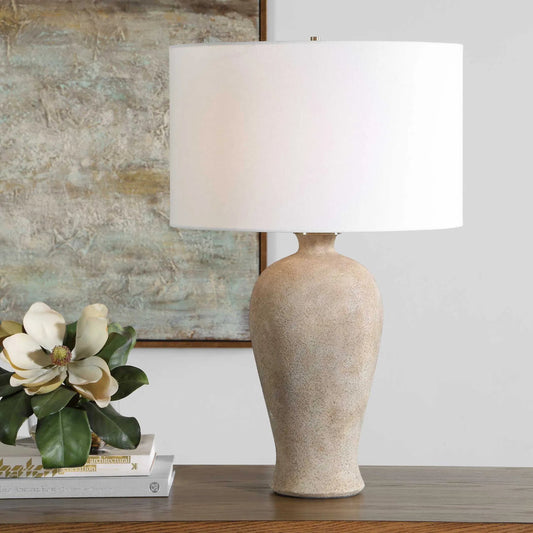 Torres Textured Ceramic Table Lamp by Uttermost in brown and brass. Made from metal, ceramic, fabric in a unique style.