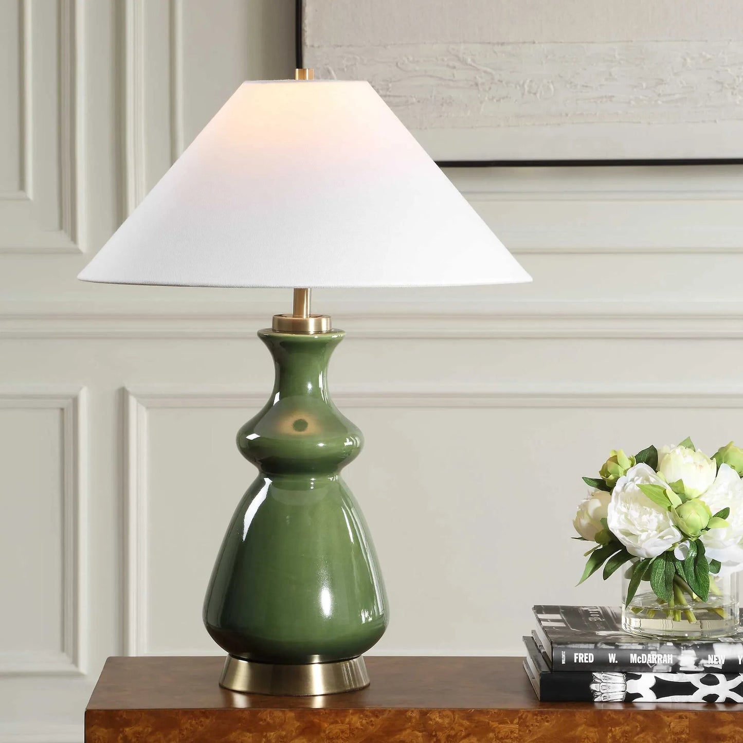 004 SI-2526187 | Lifestyle | Green Thumb Table Lamp by Uttermost in green and brass. Made from metal, ceramic, fabric in a unique style.