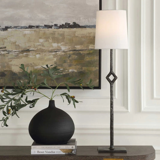 Puncture Cordless Buffet Lamp by Uttermost in black, bronze and bronze. Made from cast iron, fabric in a unique style.