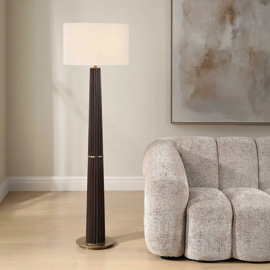Forage Floor Lamp by Uttermost in brass, woodtone and dark. Made from iron, rubber wood, fabric in a unique style.
