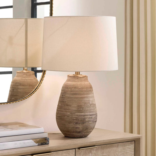 Tonachio Etched Urn Table Lamp by Uttermost in brown. Made from ceramic, fabric, galvanized steel in a unique style.