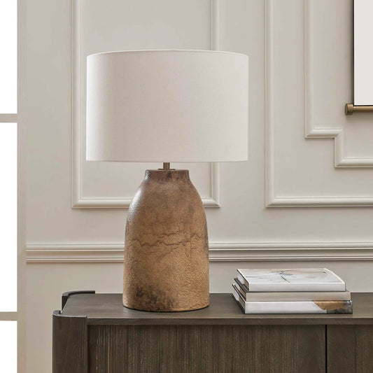 Harris Mottled Table Lamp by Uttermost in brown and brass. Made from ceramic, fabric, galvanized steel in a unique style.