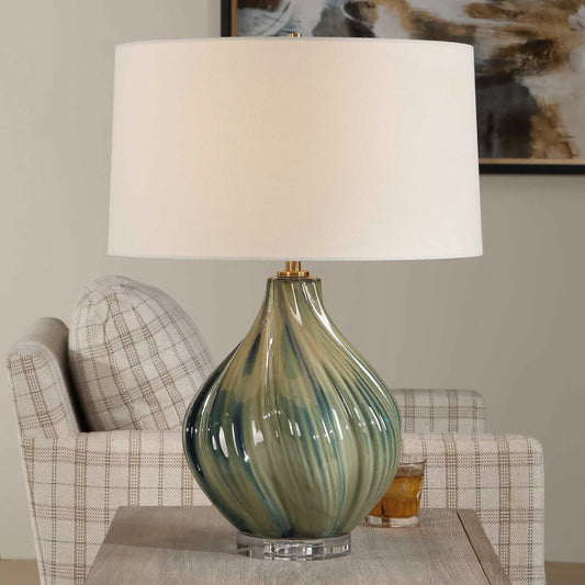Tausha Table Lamp by Uttermost in blue, green and brass. Made from iron, crystal, ceramic, fabric in a unique style.