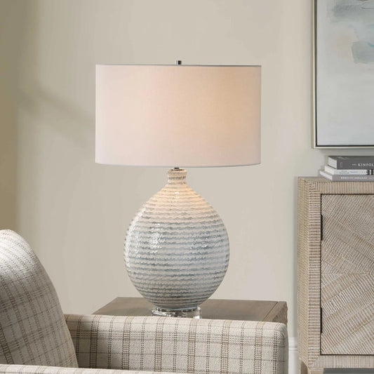 Clary Horizontally Striped Table Lamp by Uttermost in gray, white and brass. Made from ceramic, crystal, iron, fabric in a unique style.