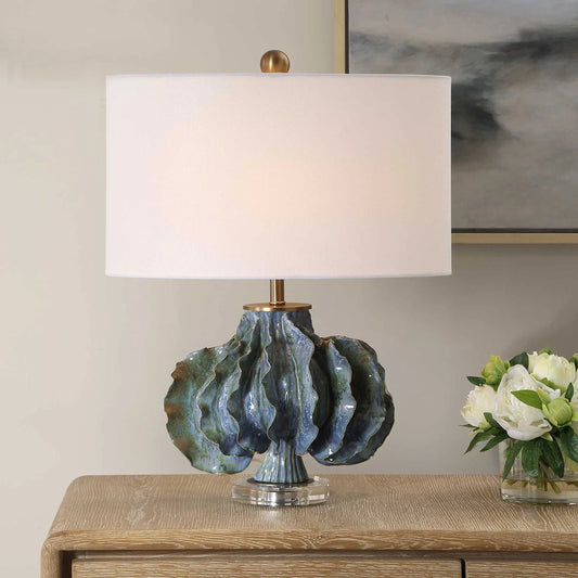 Ruffle Up Table Lamp by Uttermost in blue, brown, green and brass. Made from metal, ceramic, linen, crystal in a unique style.
