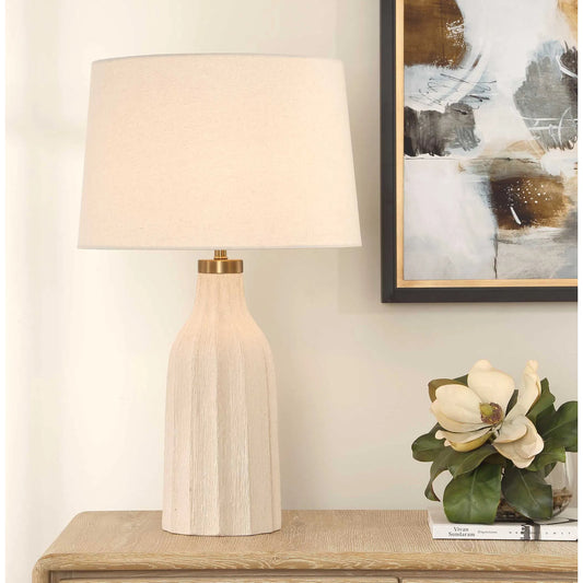 Maddox Textured Table Lamp by Uttermost in off white and brass. Made from metal, ceramic, linen in a unique style.