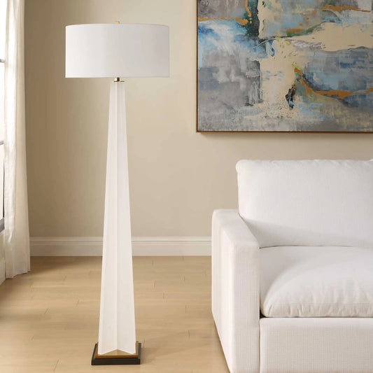 Rosin Floor Lamp by Uttermost in white and brass. Made from acrylic, iron, fabric in a unique style.