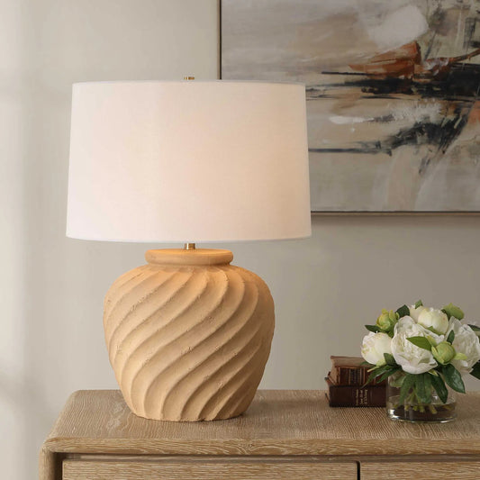 Farai Terracotta Table Lamp by Uttermost in brown and brass. Made from iron, cramic in a unique style.