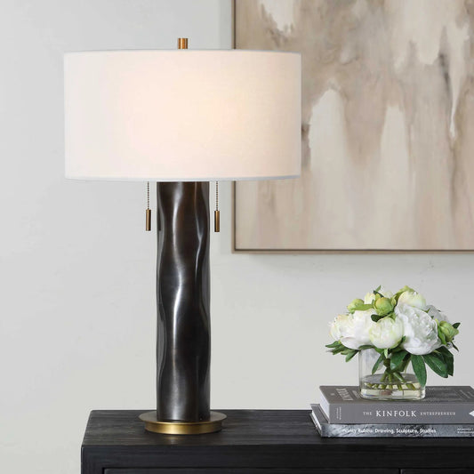 Carmine Table Lamp by Uttermost in bronze and dark. Made from iron, aluminum, fabric in a unique style.