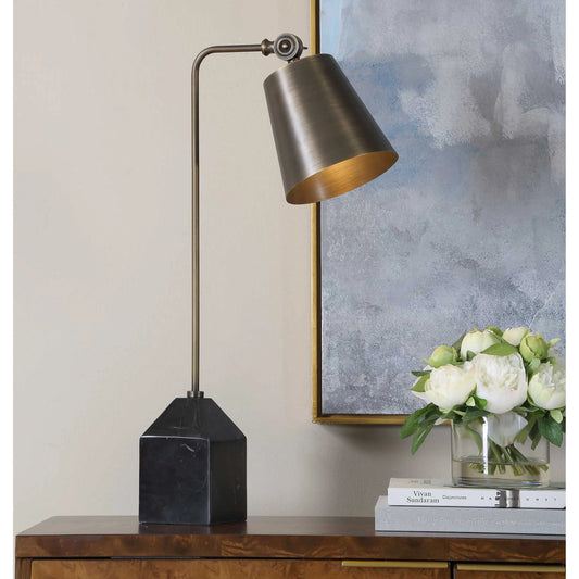 Hutchinson Desk Lamp by Uttermost in black, bronze, gold and bronze. Made from metal, glass, fabric in a unique style.