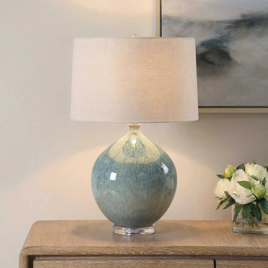Callista Table Lamp by Uttermost in blue, green and brass. Made from ceramic, crystal, fabric, iron in a unique style.