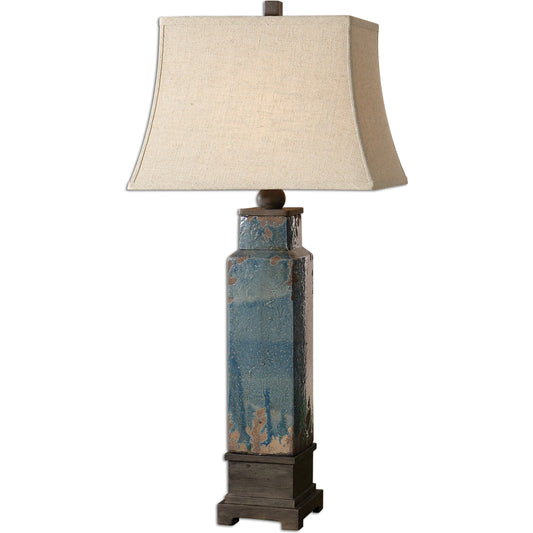 Soprana Table Lamp by Uttermost in blue. Made from linen, polyester, steel, ceramic in a modern style.
