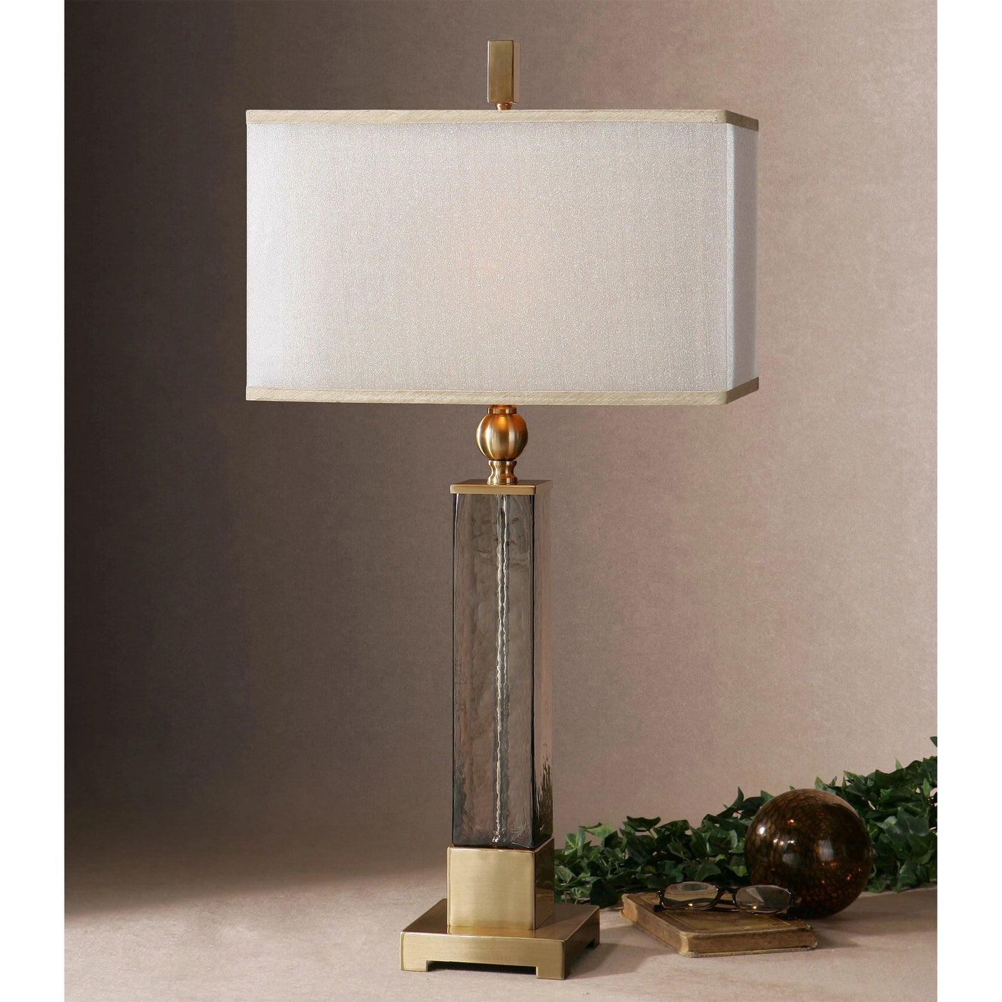 002 S-253390 | Lifestyle | Caecilia Amber Glass Table Lamp by Uttermost. Made from metal, fabric, glass in a modern style.
