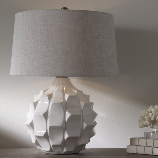 Guerina Scalloped Lamp by Uttermost in white. Made from ceramic, fabric, metal in a modern style.