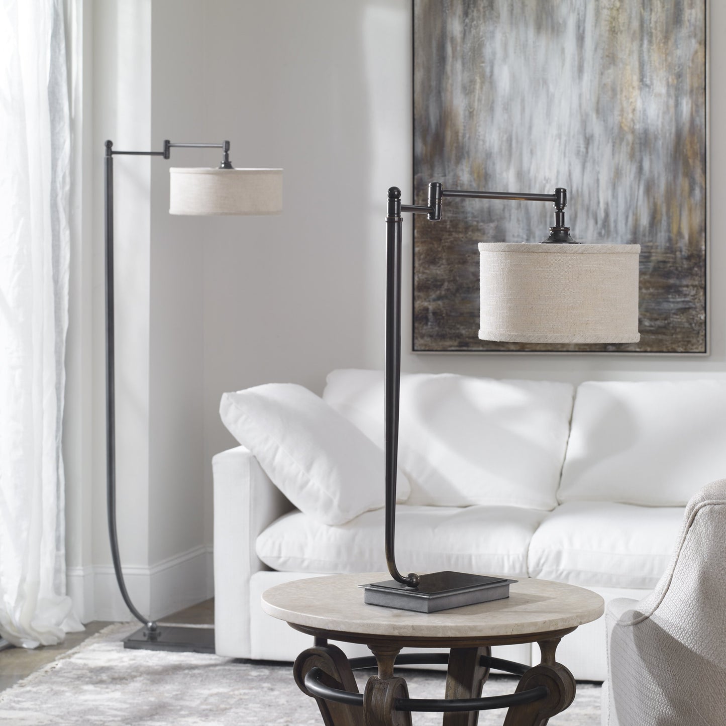 005 S-253701 | Lifestyle | Lamine Floor Lamp by Uttermost in bronze. Made from iron, fabric in a modern style.