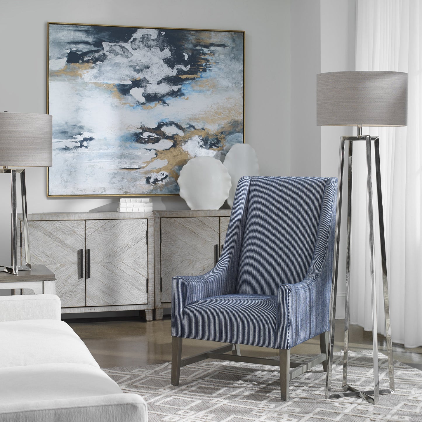 005 S-253715 | Lifestyle | Keokee Floor Lamp by Uttermost in nickel. Made from steel in a modern style.