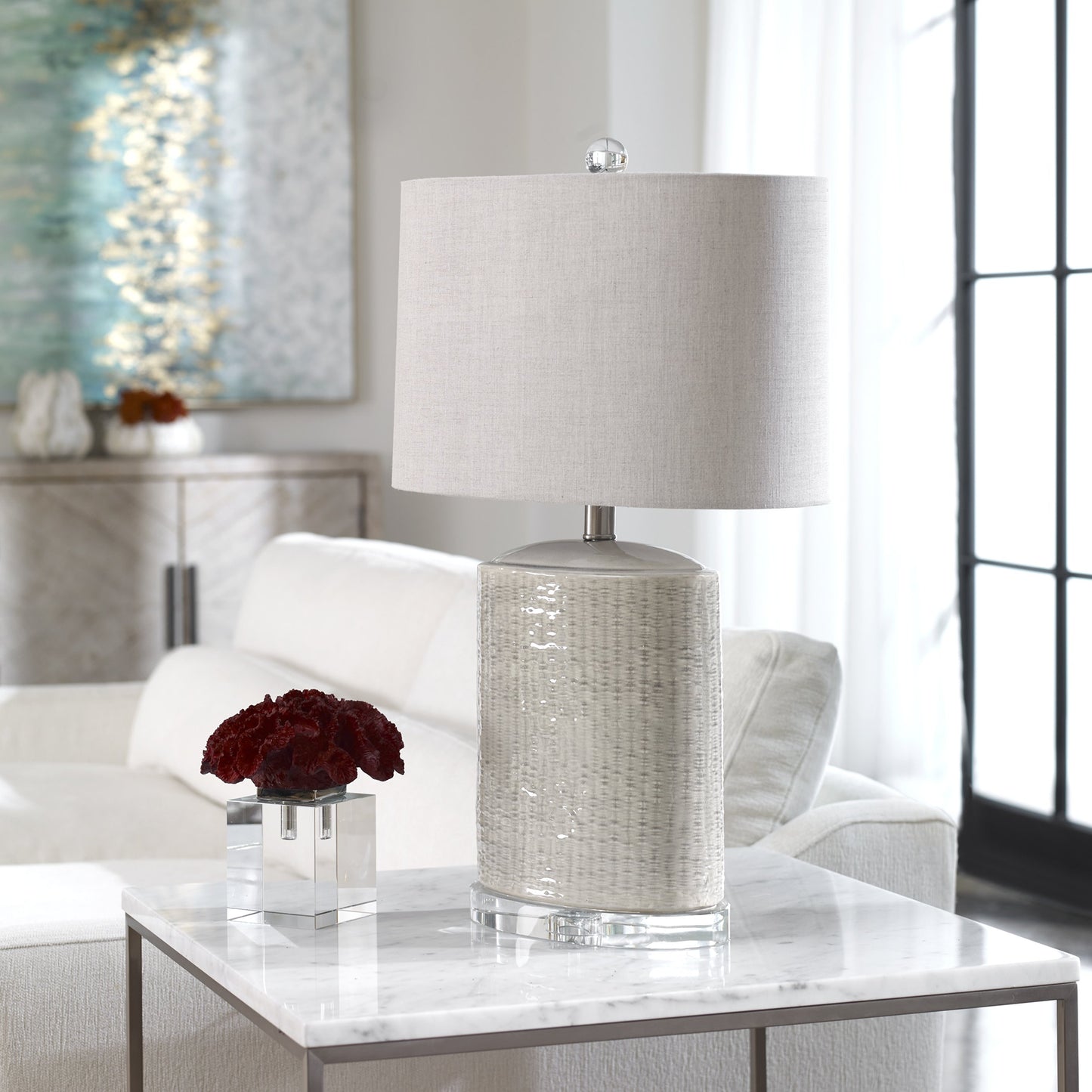 002 S-253557 | Lifestyle | Modica Taupe Ceramic Lamp by Uttermost. Made from high temperature ceramic, crystal in a modern style.
