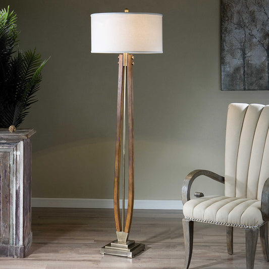 Boydton Burnished Wood Floor Lamp by Uttermost. Made from iron, linen, rubber wood in a modern style.