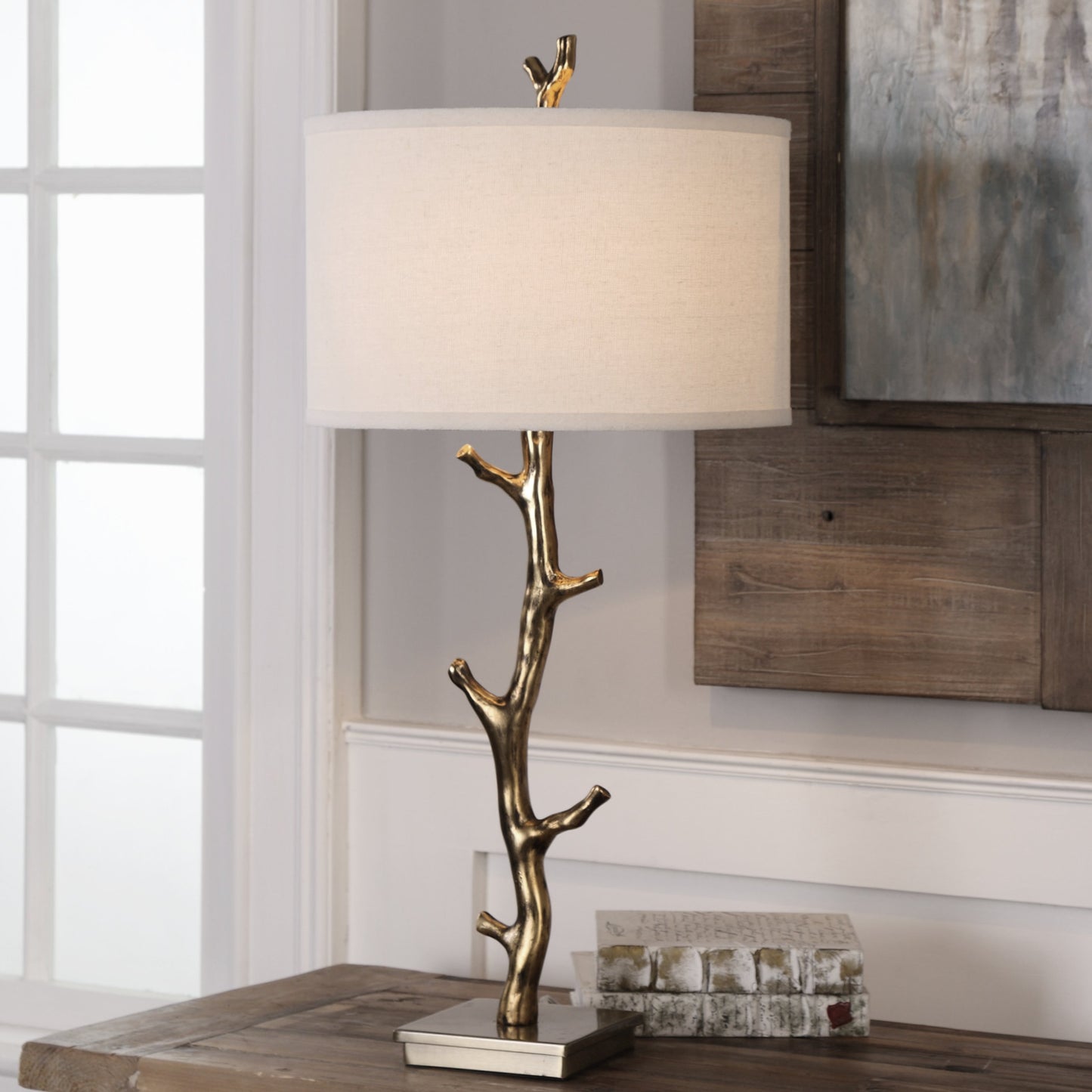 002 S-253632 | Lifestyle | Javor Tree Branch Table Lamp by Uttermost. Made from steel, polyester, fabric in a modern style.