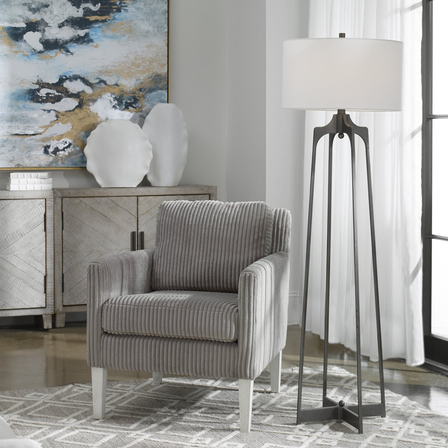005 S-253727 | Lifestyle | Adrian Modern Floor Lamp by Uttermost. Made from steel, fabric in a modern style.