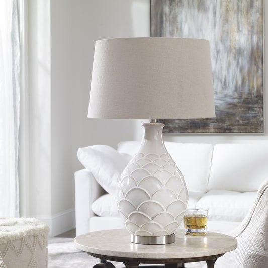 Camellia Table Lamp by Uttermost in white. Made from ceramic, steel, fabric in a modern style.