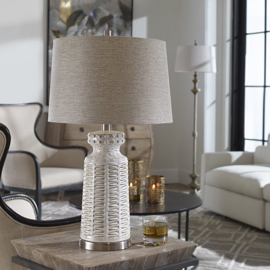 Kansa Table Lamp by Uttermost in white. Made from ceramic, steel, fabric in a modern style.
