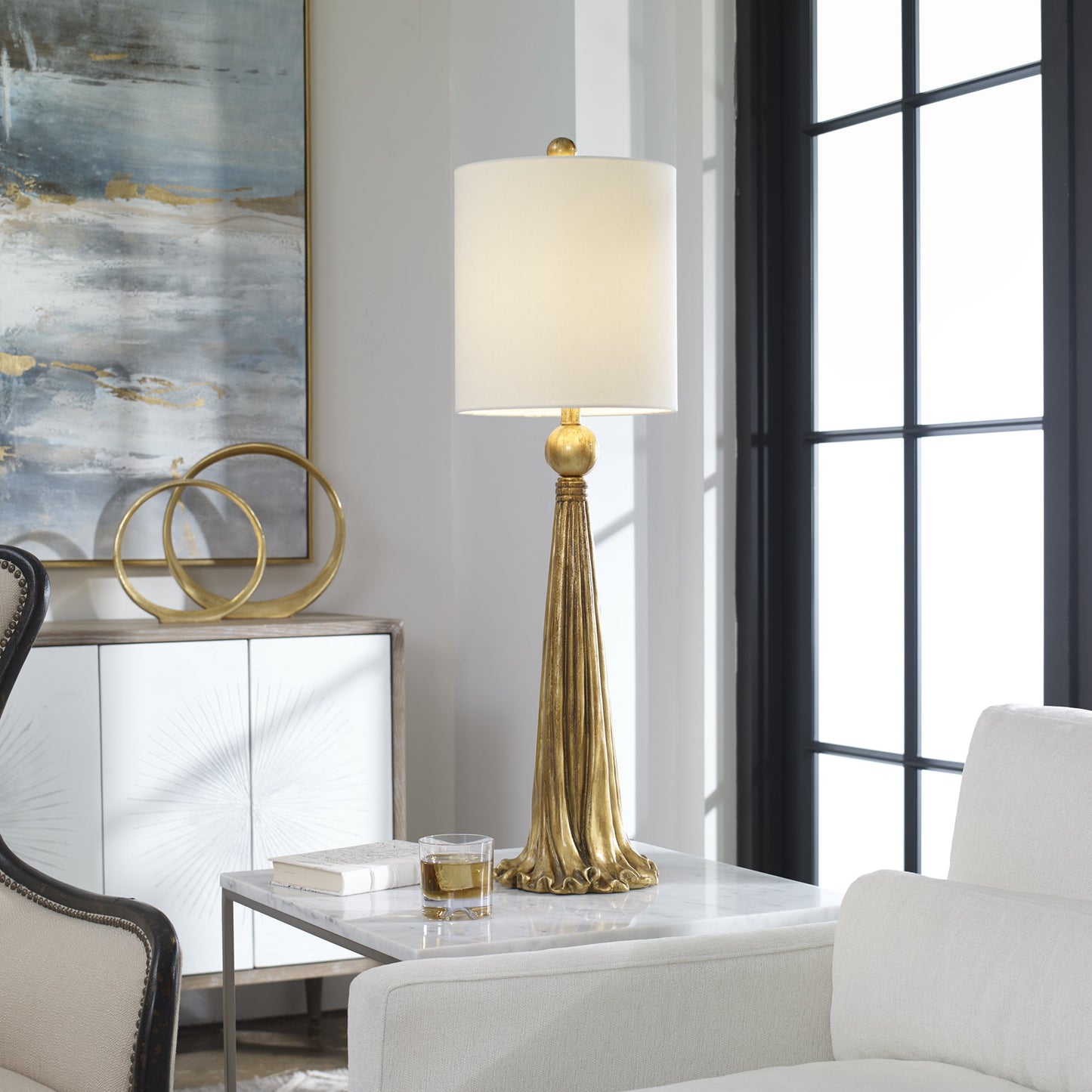 006 S-253861 | Lifestyle | Paravani Lamp by Uttermost in gold. Made from resin, steel, fabric in a modern style.