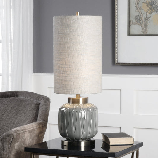 Zahlia Ceramic Lamp by Uttermost in gray. Made from ceramic, metal, fabric in a modern style.