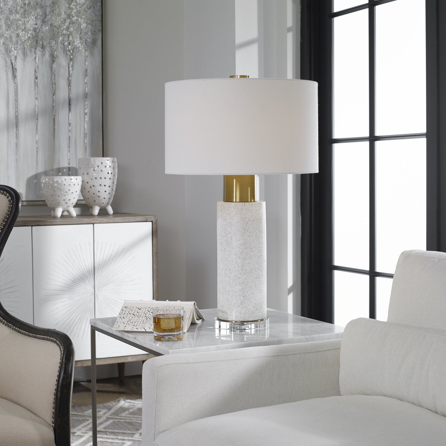 003 S-329087 | Lifestyle | Vaeshon Concrete Table Lamp by Uttermost. Made from concrete crystal iron fabric in a modern style.