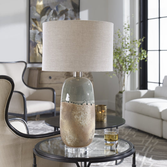 Maggie Table Lamp by Uttermost in terracotta rust, green glaze. Made from ceramic, fabric, iron, crystal in a eclectic & global style.