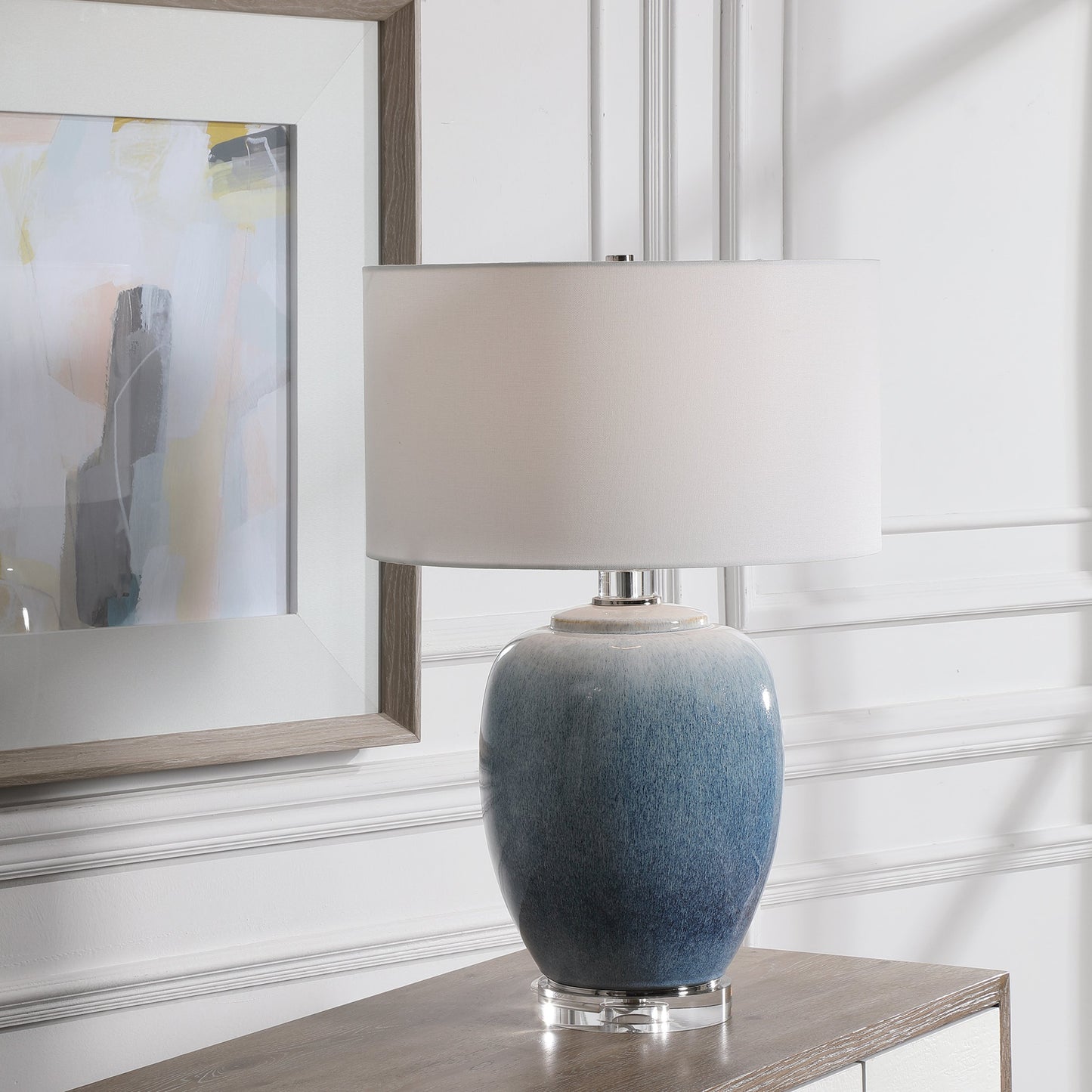 002 SI-1750304 | Lifestyle | Waters Table Lamp by Uttermost in blue. Made from steel, ceramic, crystal, fabric in a coastal style.