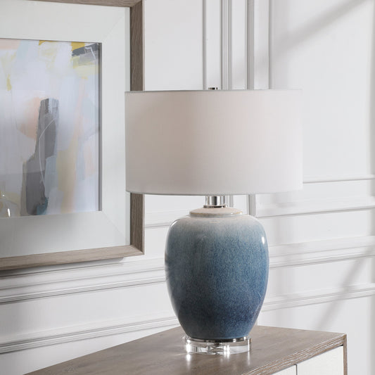 Waters Table Lamp by Uttermost in blue. Made from steel, ceramic, crystal, fabric in a coastal style.