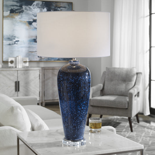 Stargazer Table Lamp by Uttermost in cobalt. Made from steel, glass, fabric, crystal in a coastal style.