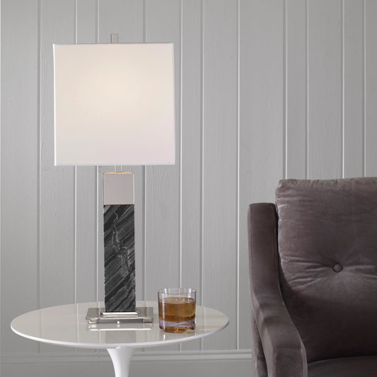 Pilaster Table Lamp by Uttermost in nickel. Made from steel, marble, fabric in a modern style.