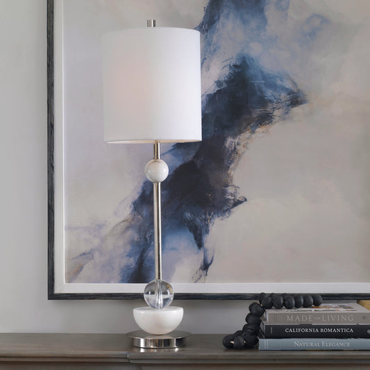 Exposition Buffet Lamp by Uttermost in white, nickel. Made from iron, marble, crystal, fabric in a modern style.